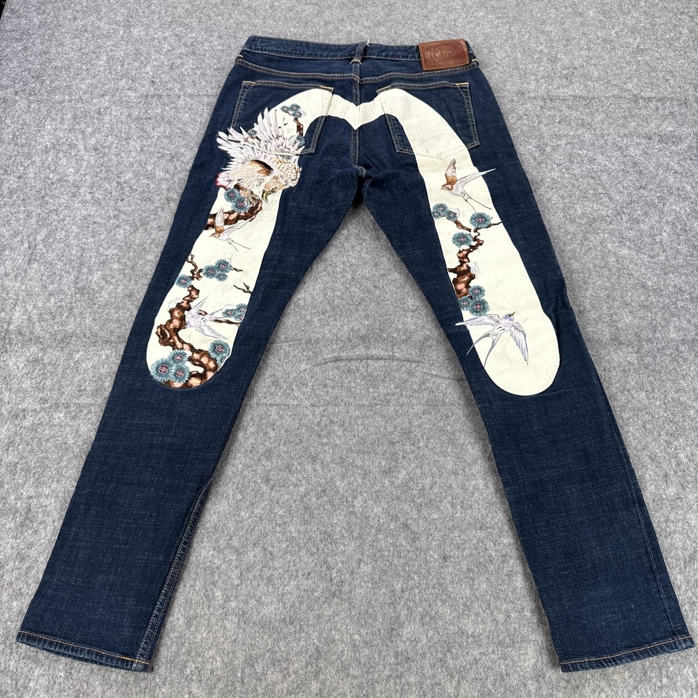 Evisu Jeans Mens 30x30 Blue Denim Daicock Embroidered Birds Applique Back